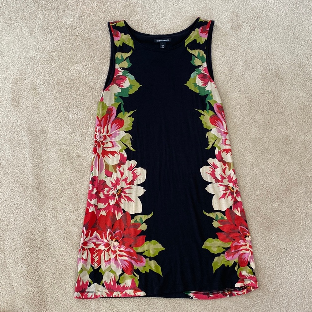 Floral Print Sleeveless Shift Dress - Navy with Pink Floral